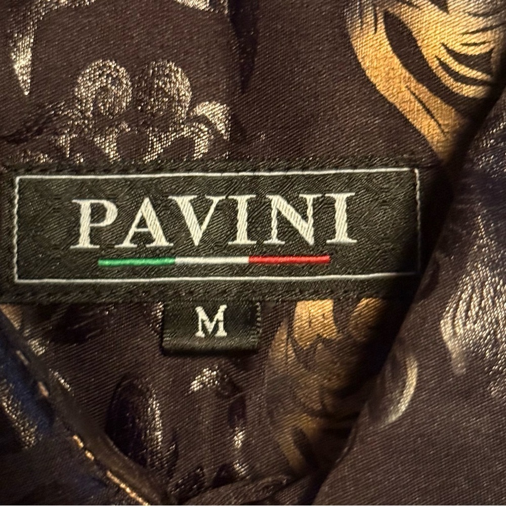 Pavini Mens Size Medium Button Up Casual Dress Shirt Black And Golden Paisley - Picture 3 of 13